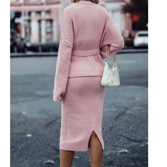 Coord set Pink Belted knit Cardigan & Slit Hem sweater Skirt MUST HAVE!! - Picture 2 of 6